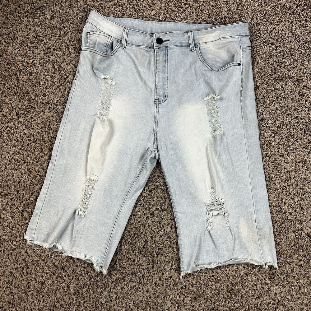 Unbranded Distressed Cotton Light Wash Denim Blue Jean Stretch Shorts Mens Sz 38